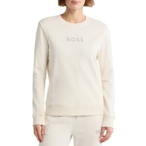 BOSS Orange Women Ivory Cotton Embellished Logo Crewneck Sweatshirt Size M